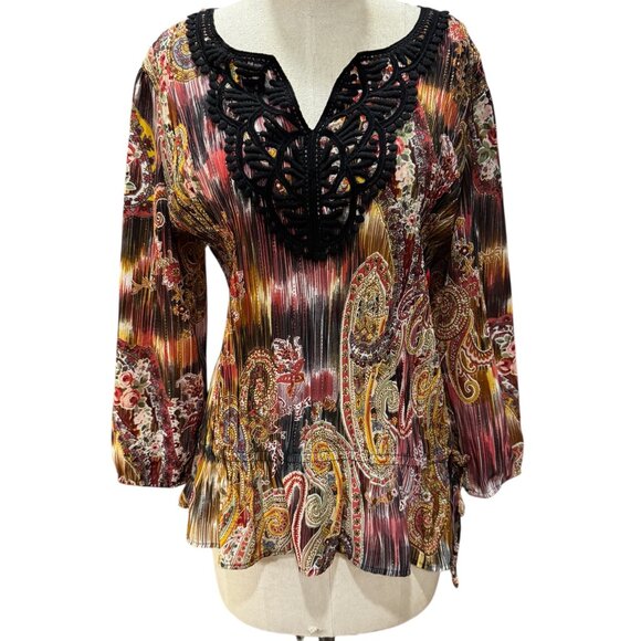 New York City Design Co. Tops - Boho Paisley Blouse with Black Lace Neckline – New York City Design – Metallic D